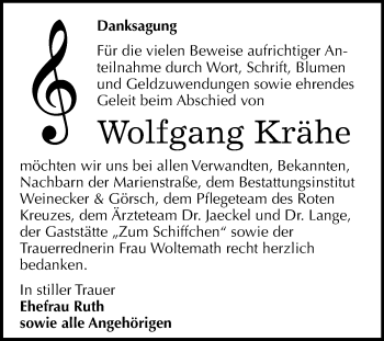 Traueranzeige von Wolfgang Krähe von Mitteldeutsche Zeitung