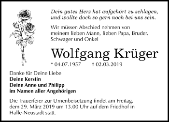 Traueranzeige von Wolfgang Krüger von Mitteldeutsche Zeitung Halle/Saalkreis