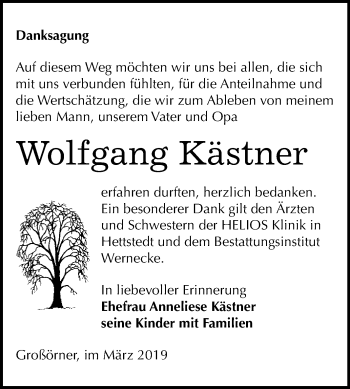 Traueranzeige von Wolfgang Kästner von Super Sonntag SGH Mansf. Land