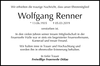 Traueranzeige von Wolfgang Renner von Mitteldeutsche Zeitung Halle/Saalkreis