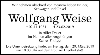 Traueranzeige von Wolfgang Weise von Mitteldeutsche Zeitung Halle/Saalkreis