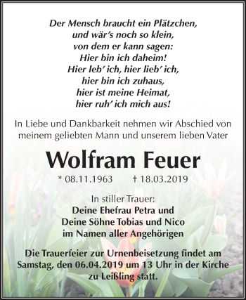 Traueranzeige von Wolfram Feuer von Mitteldeutsche Zeitung Weißenfels