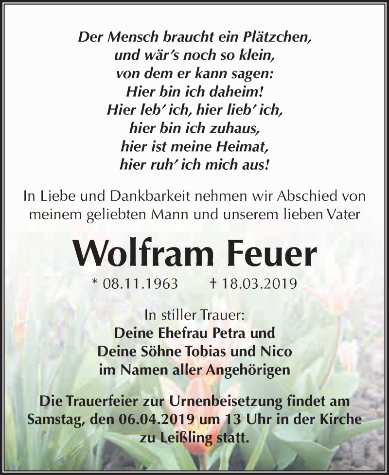  Traueranzeige für Wolfram Feuer vom 27.03.2019 aus WVG - Wochenspiegel NMB / WSF / ZTZ