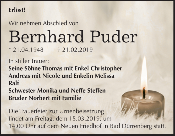 Traueranzeige von bernhard Puder von Mitteldeutsche Zeitung Merseburg/Querfurt