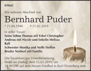 Traueranzeige von bernhard Puder von Super Sonntag Merseburg