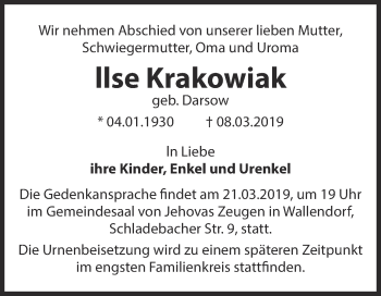 Traueranzeige von llse Krakowiak von Super Sonntag Merseburg