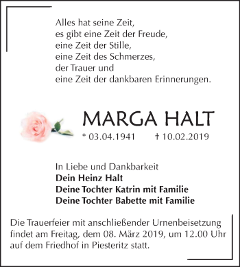 Traueranzeige von marga Halt von Mitteldeutsche Zeitung