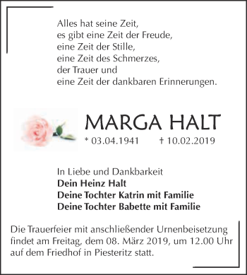 Traueranzeige von marga Halt von WVG - Wochenspiegel Wittenberg