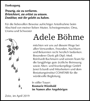 Traueranzeige von Adele Böhme von Mitteldeutsche Zeitung Zeitz