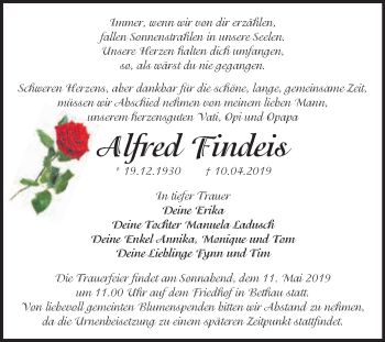 Traueranzeige von Alfred Findeis von WVG - Wochenspiegel Wittenberg