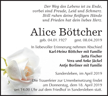 Traueranzeige von Alice Böttcher von Mitteldeutsche Zeitung Mansfelder Land