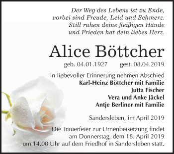 Traueranzeige von Alice Böttcher von Super Sonntag SGH Mansf. Land