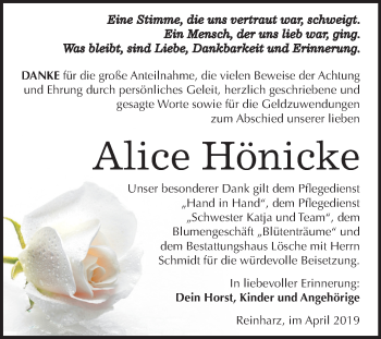 Traueranzeige von Alice Hönicke von Mitteldeutsche Zeitung