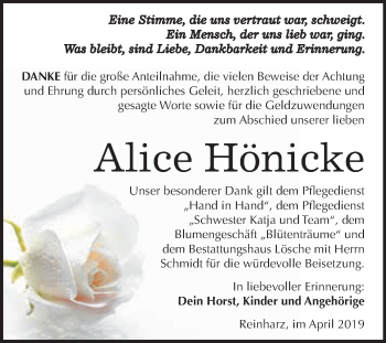 Traueranzeige von Alice Hönicke von WVG - Wochenspiegel Wittenberg
