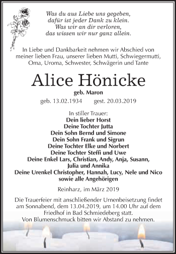 Traueranzeige von Alice Hönicke von WVG - Wochenspiegel Wittenberg