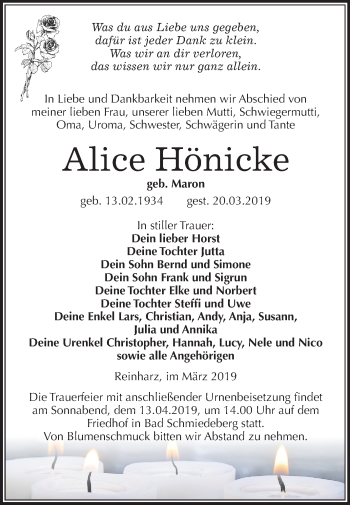 Traueranzeige von Alice Hönicke von Mitteldeutsche Zeitung Wittenberg