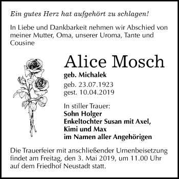 Traueranzeige von Alice Mosch von Mitteldeutsche Zeitung Halle/Saalkreis