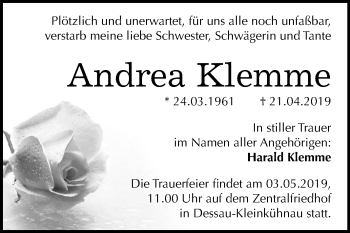 Traueranzeige von Andrea Klemme von Mitteldeutsche Zeitung