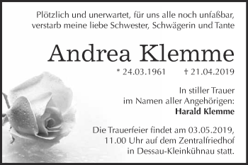 Traueranzeige von Andrea Klemme von WVG - Wochenspiegel Dessau / Köthen