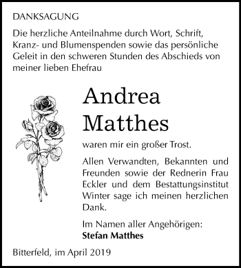 Traueranzeige von Andrea Matthes von Mitteldeutsche Zeitung Bitterfeld