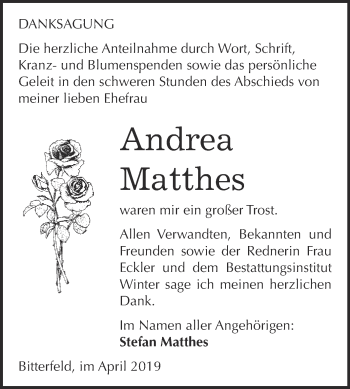 Traueranzeige von Andrea Matthes von WVG - Wochenspiegel Bitterfeld