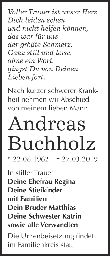 Traueranzeige von Andreas Buchholz von WVG - Wochenspiegel Wittenberg