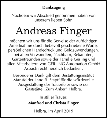 Traueranzeige von Andreas Finger von Mitteldeutsche Zeitung Mansfelder Land