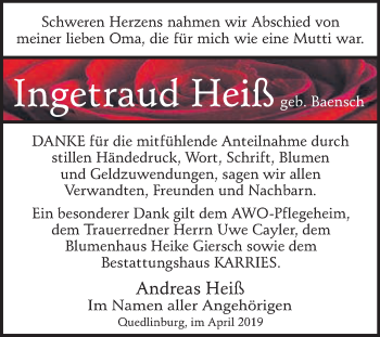 Traueranzeige von Andreas Heiß von WVG - Wochenspiegel Quedlinburg