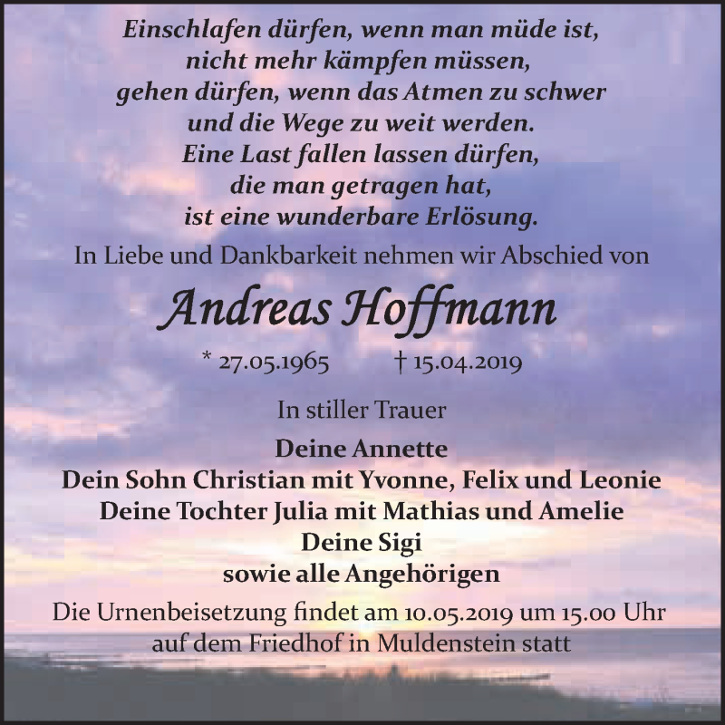  Traueranzeige für Andreas Hoffmann vom 24.04.2019 aus WVG - Wochenspiegel Bitterfeld