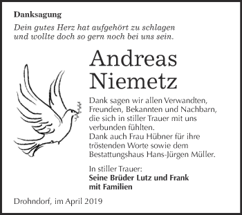 Traueranzeige von Andreas Niemetz von Super Sonntag Aschersleben