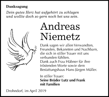 Traueranzeige von Andreas Niemetz von Mitteldeutsche Zeitung Aschersleben