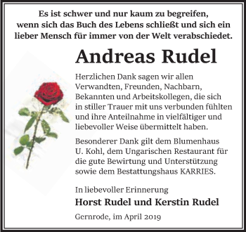 Traueranzeige von Andreas Rudel von WVG - Wochenspiegel Quedlinburg
