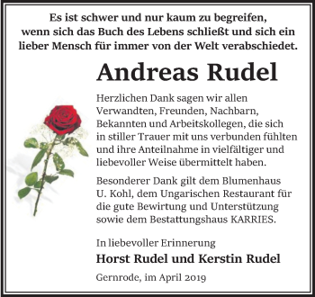 Traueranzeige von Andreas Rudel von Mitteldeutsche Zeitung Quedlinburg