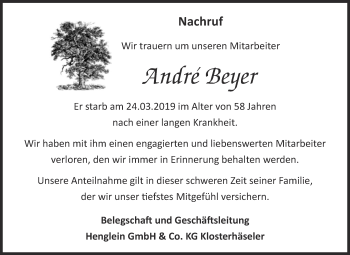 Traueranzeige von André Beyer von WVG - Wochenspiegel NMB / WSF / ZTZ