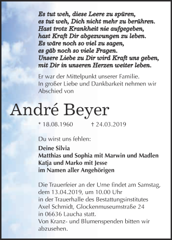 Traueranzeige von André Beyer von WVG - Wochenspiegel NMB / WSF / ZTZ