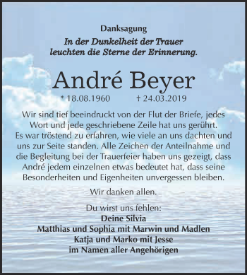 Traueranzeige von André Beyer von WVG - Wochenspiegel NMB / WSF / ZTZ