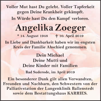 Traueranzeige von Angelika Zoeger von WVG - Wochenspiegel Quedlinburg