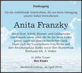 Traueranzeige von Anita Franzky von Mitteldeutsche Zeitung Köthen