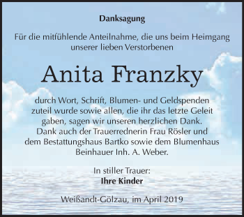 Traueranzeige von Anita Franzky von WVG - Wochenspiegel Dessau / Köthen