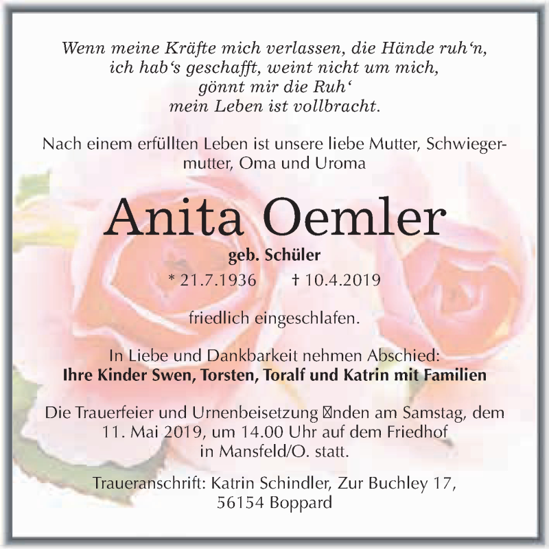  Traueranzeige für Anita Oemler vom 24.04.2019 aus Wochenspiegel Mansfelder Land