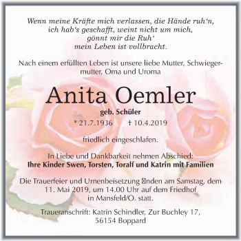 Traueranzeige von Anita Oemler von Wochenspiegel Mansfelder Land