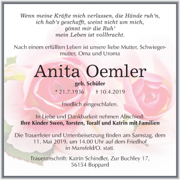 Traueranzeige von Anita Oemler von Mitteldeutsche Zeitung Aschersleben