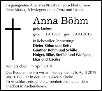 Traueranzeige von Anna Böhm von Mitteldeutsche Zeitung Aschersleben