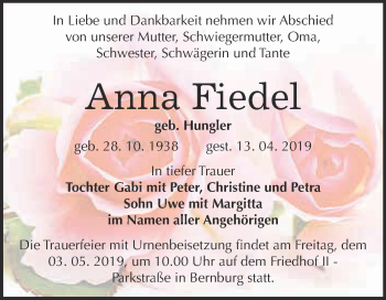 Traueranzeige von Anna Fiedel von Super Sonntag Bernburg