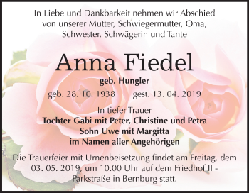 Traueranzeige von Anna Fiedel von Mitteldeutsche Zeitung Bernburg