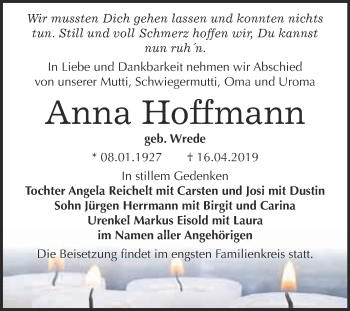 Traueranzeige von Anna Hoffmann von Super Sonntag Bernburg