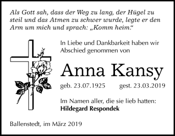 Traueranzeige von Anna Kansy von WVG - Wochenspiegel Quedlinburg