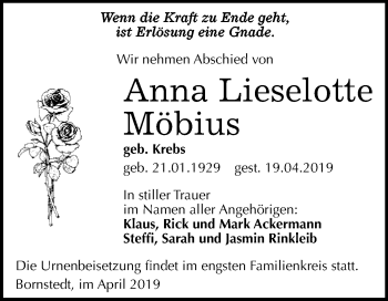 Traueranzeige von Anna Lieselotte Möbius von Super Sonntag SGH Mansf. Land