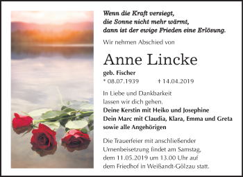 Traueranzeige von Anne Lincke von Mitteldeutsche Zeitung
