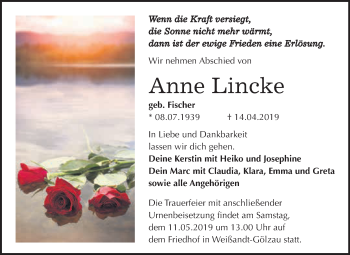 Traueranzeige von Anne Lincke von WVG - Wochenspiegel Dessau / Köthen